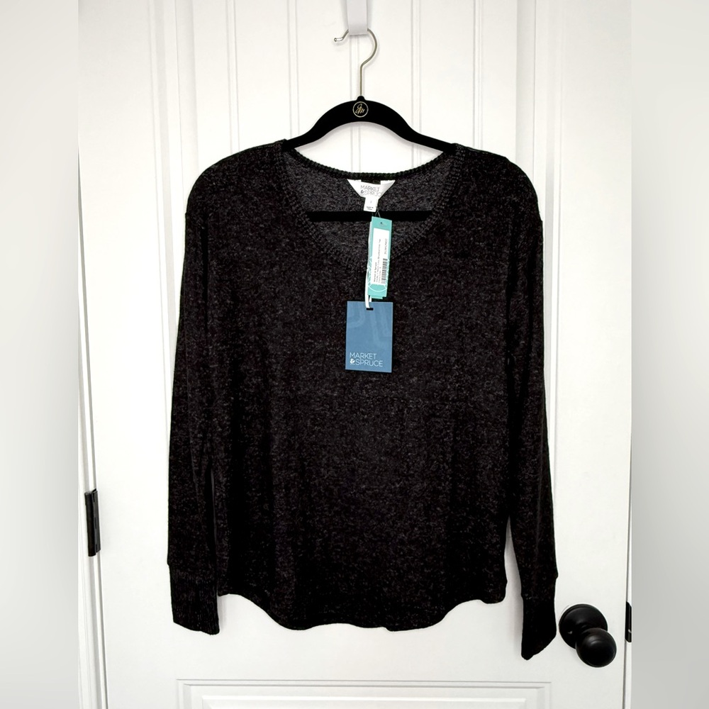 NWT Market & Spruce Shelly V Neck Cozy Brushed Knit Top - Dark Gray